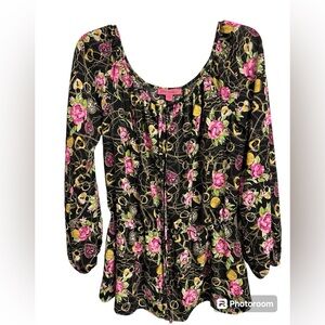 Betsey Johnson Peasant Black Floral Blouse size Medium long sleeve